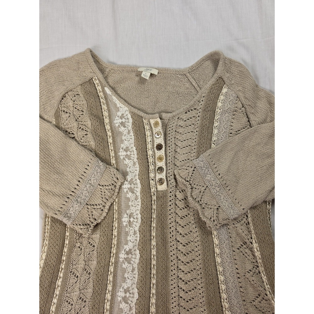 J Jill Sweater Womens Large Beige Striped Lace Crochet Henley 3/4 Sleeve Boho